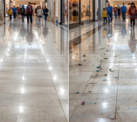 generar una foto donde muestre el piso de un centro comercial antes y despues