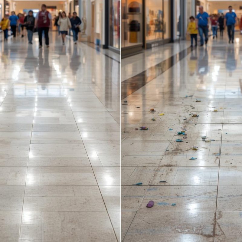 generar una foto donde muestre el piso de un centro comercial antes y despues